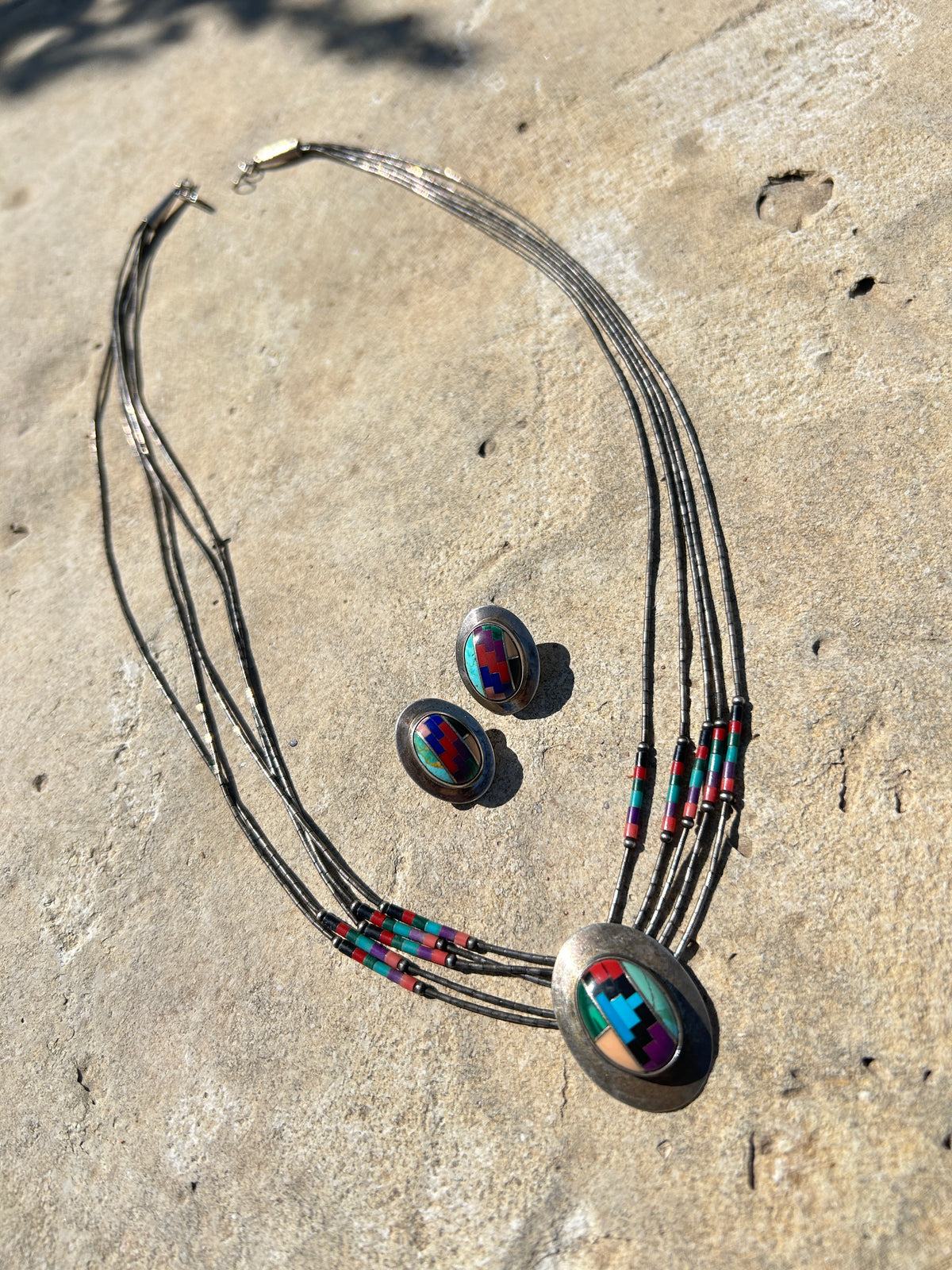 Native American Sterling Silver Liquid Multi- Color Necklace Set 20”
