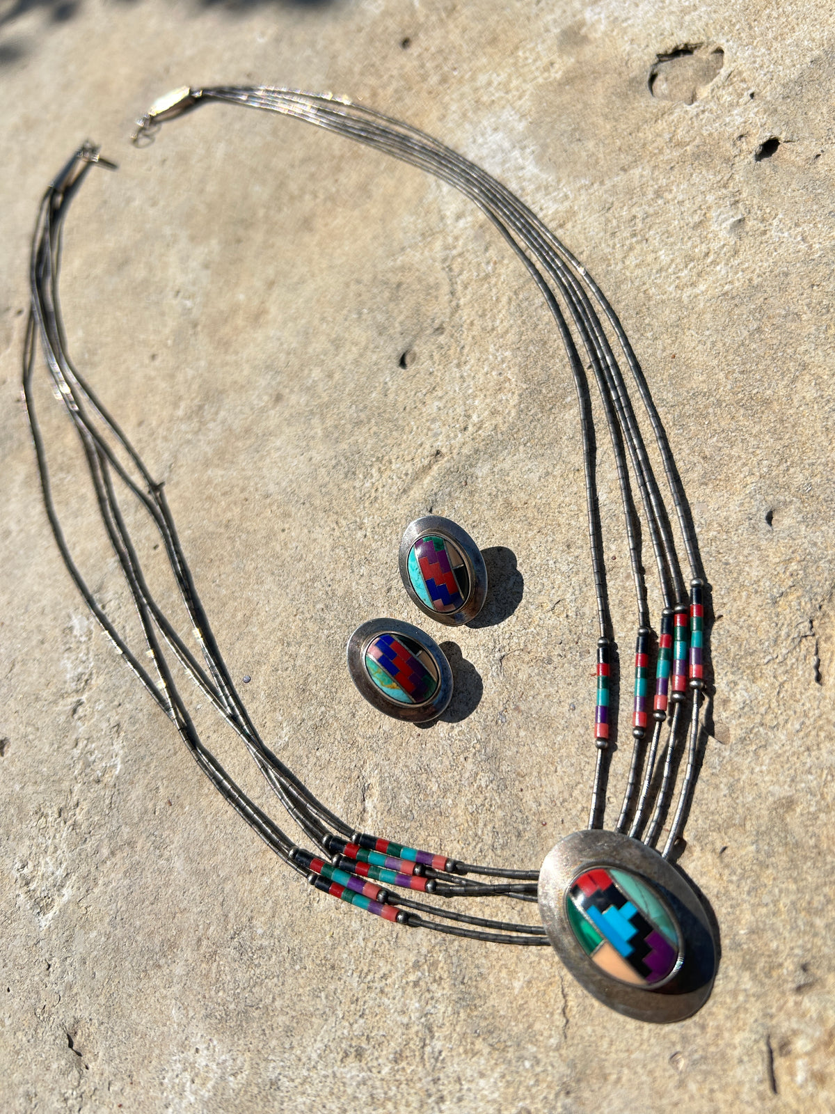 Native American Sterling Silver Liquid Multi- Color Necklace Set 20”