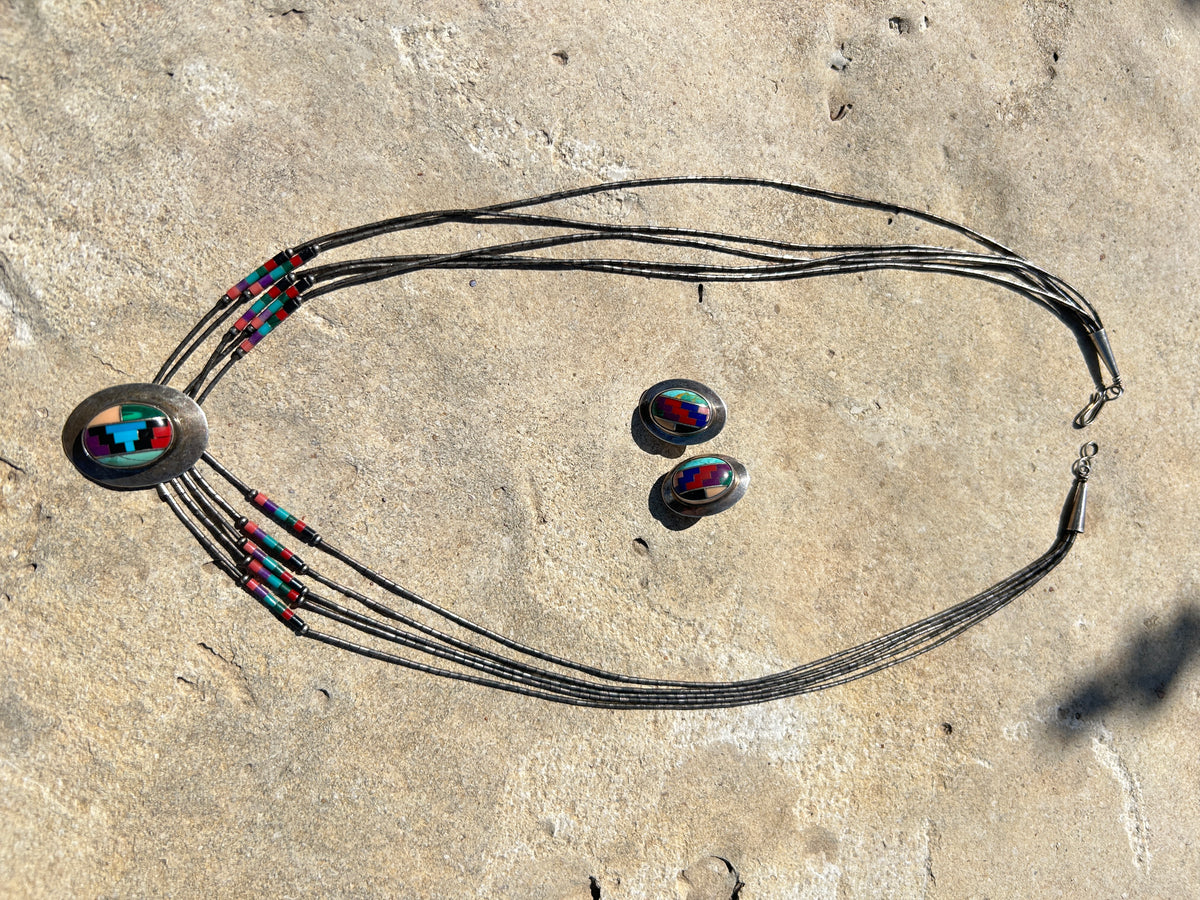 Native American Sterling Silver Liquid Multi- Color Necklace Set 20”