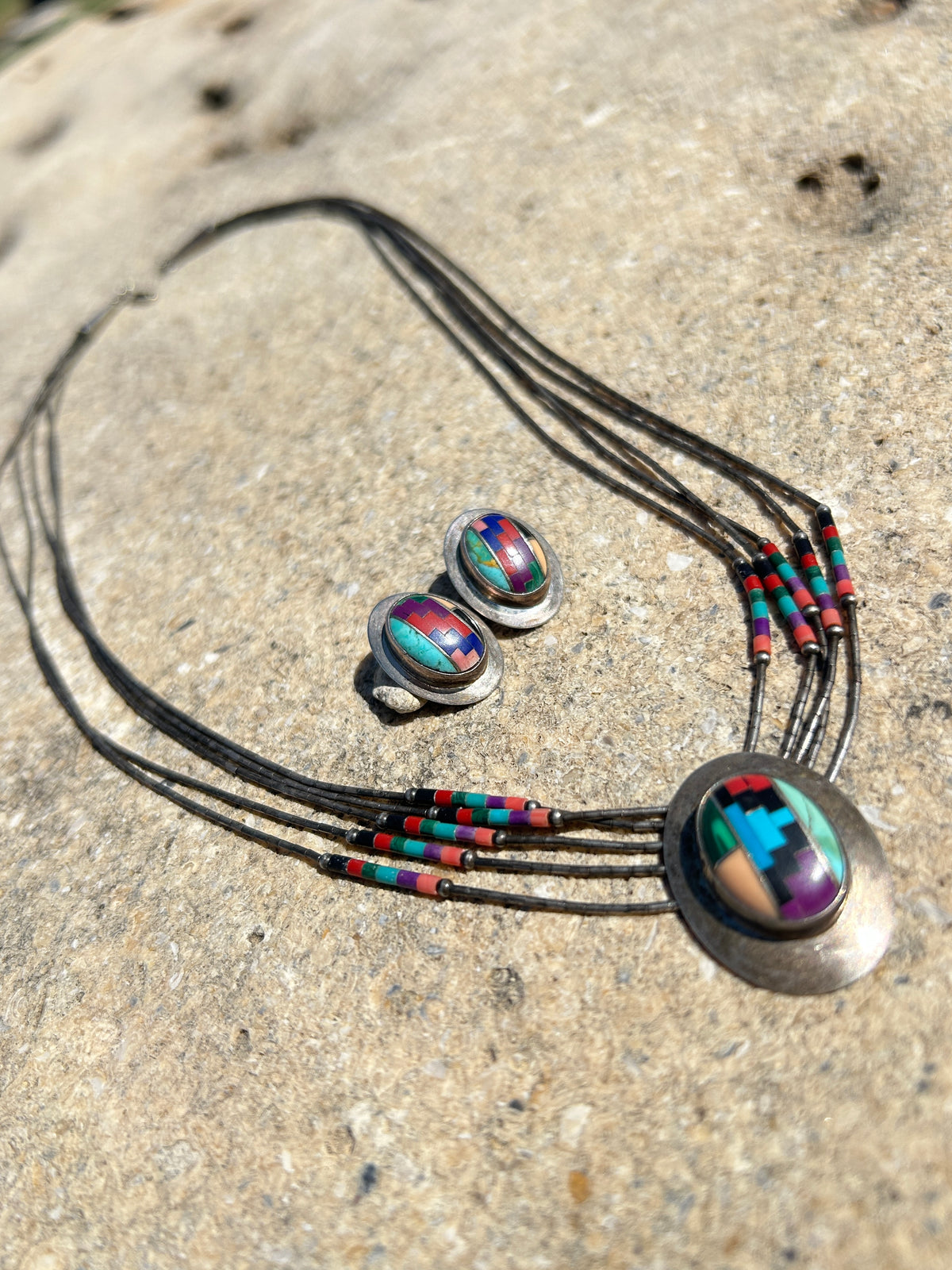 Native American Sterling Silver Liquid Multi- Color Necklace Set 20”