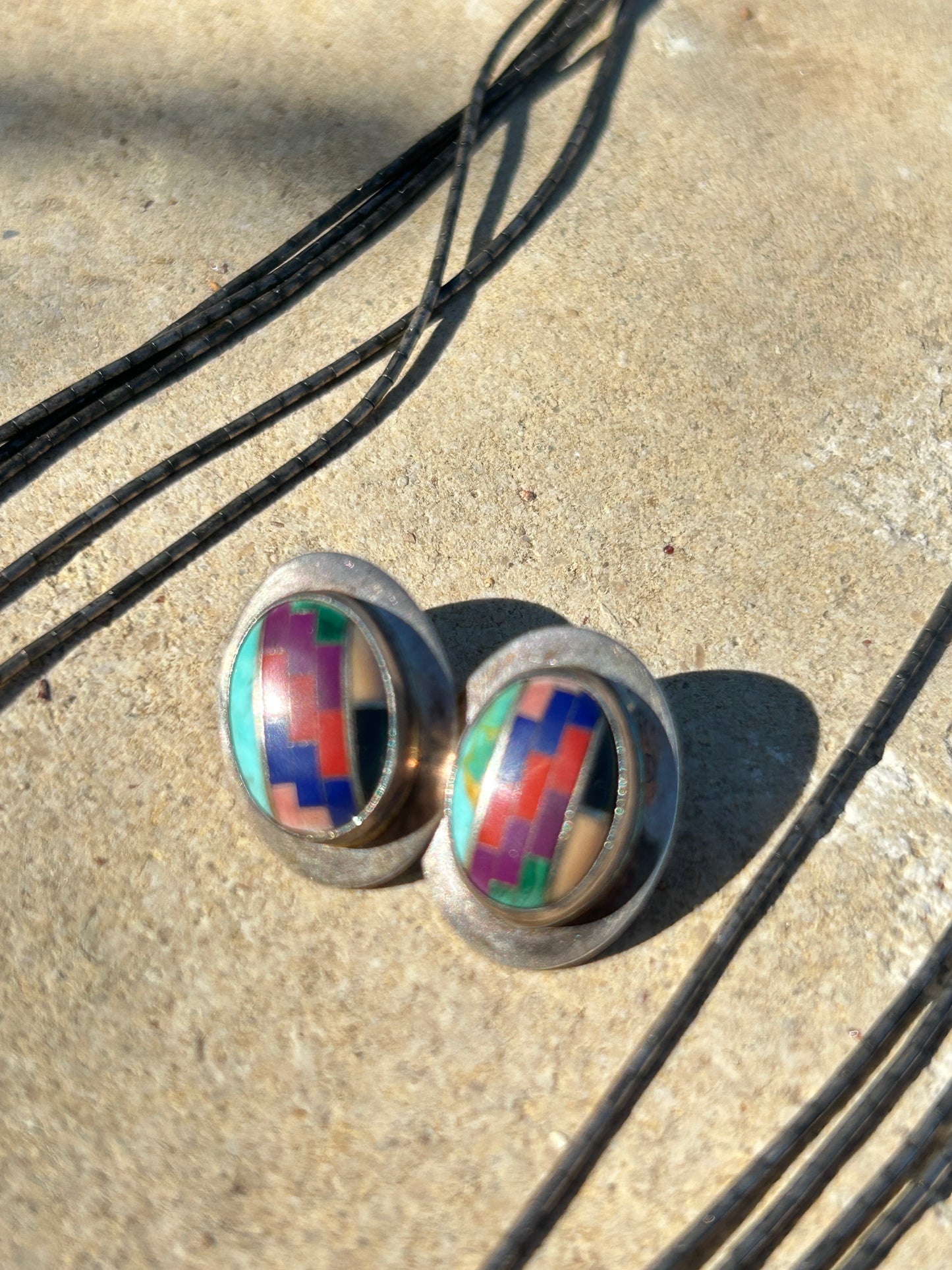 Native American Sterling Silver Liquid Multi- Color Necklace Set 20”