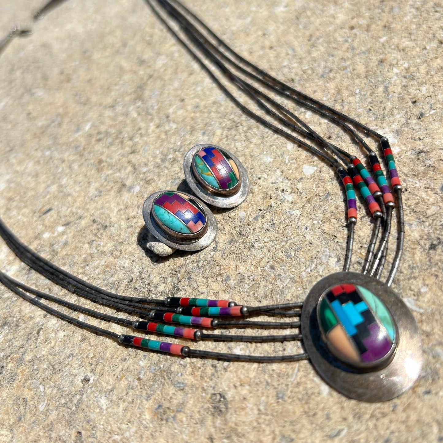 Native American Sterling Silver Liquid Multi- Color Necklace Set 20”