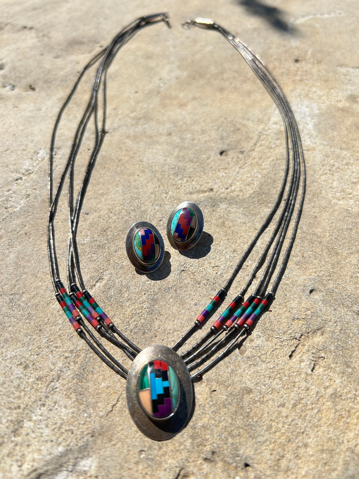 Native American Sterling Silver Liquid Multi- Color Necklace Set 20”