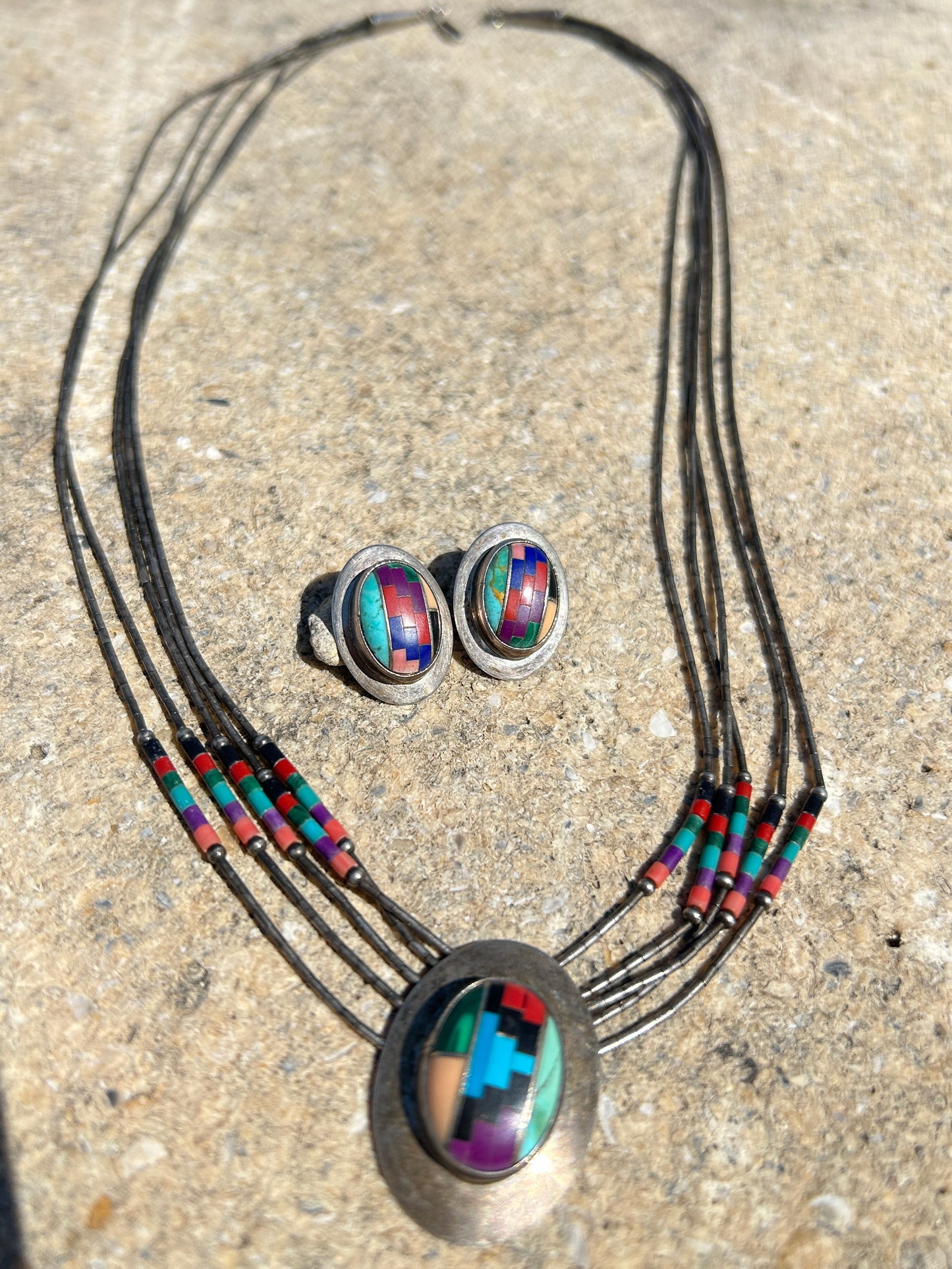 Native American Sterling Silver Liquid Multi- Color Necklace Set 20”