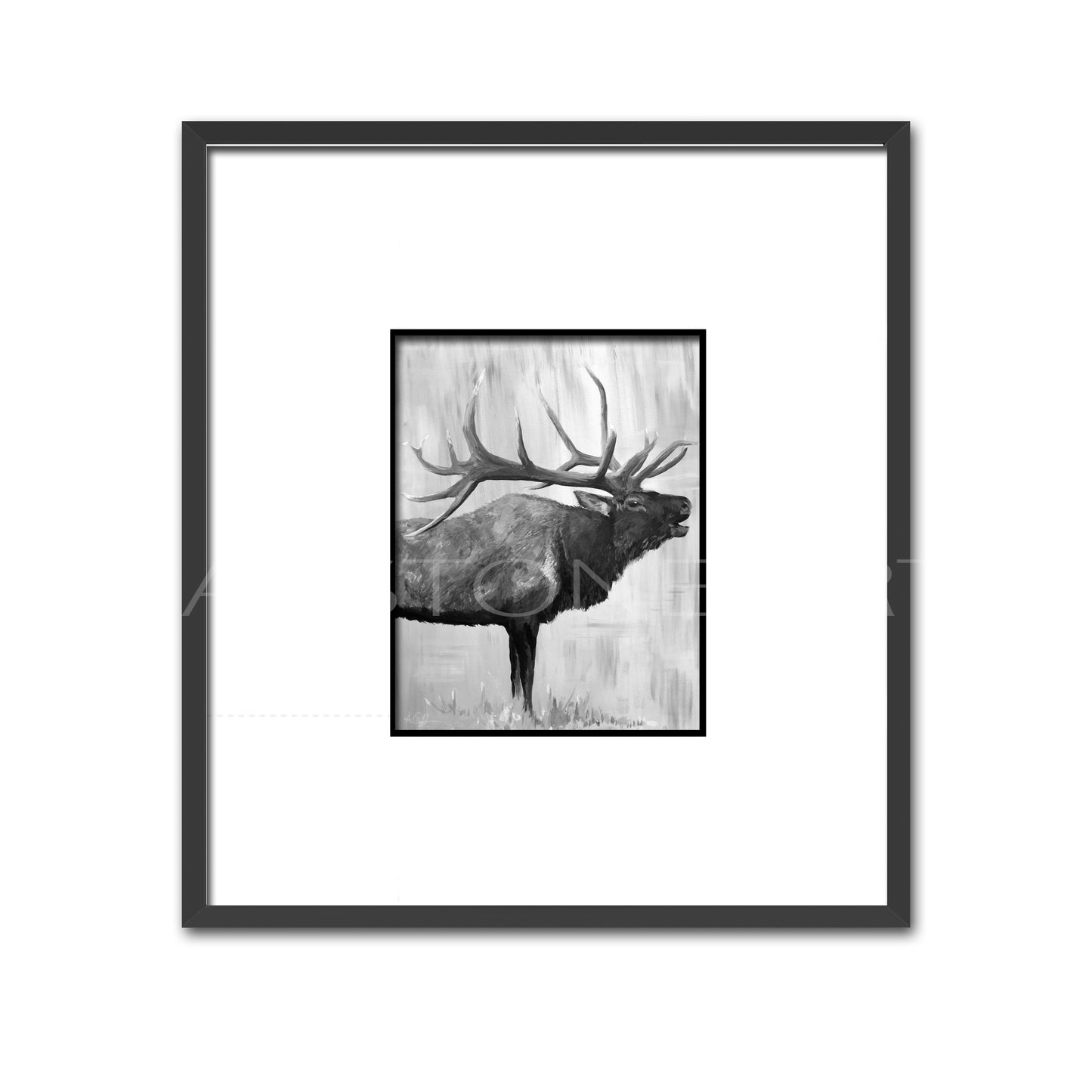 Black and White Elk Call- Black Frames Fine Art Giclee-Veranda