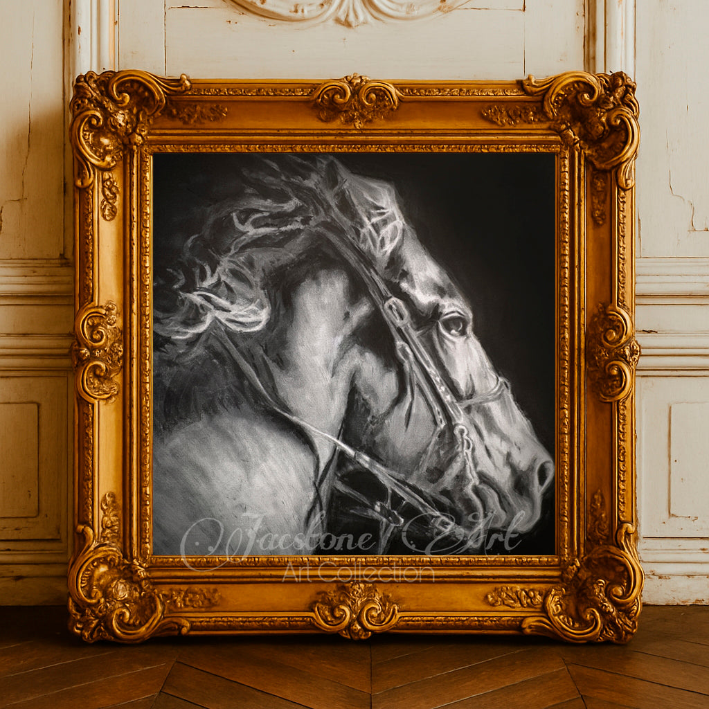 Into The Night-Black and White Charcoal Sketch- Horse Art Print