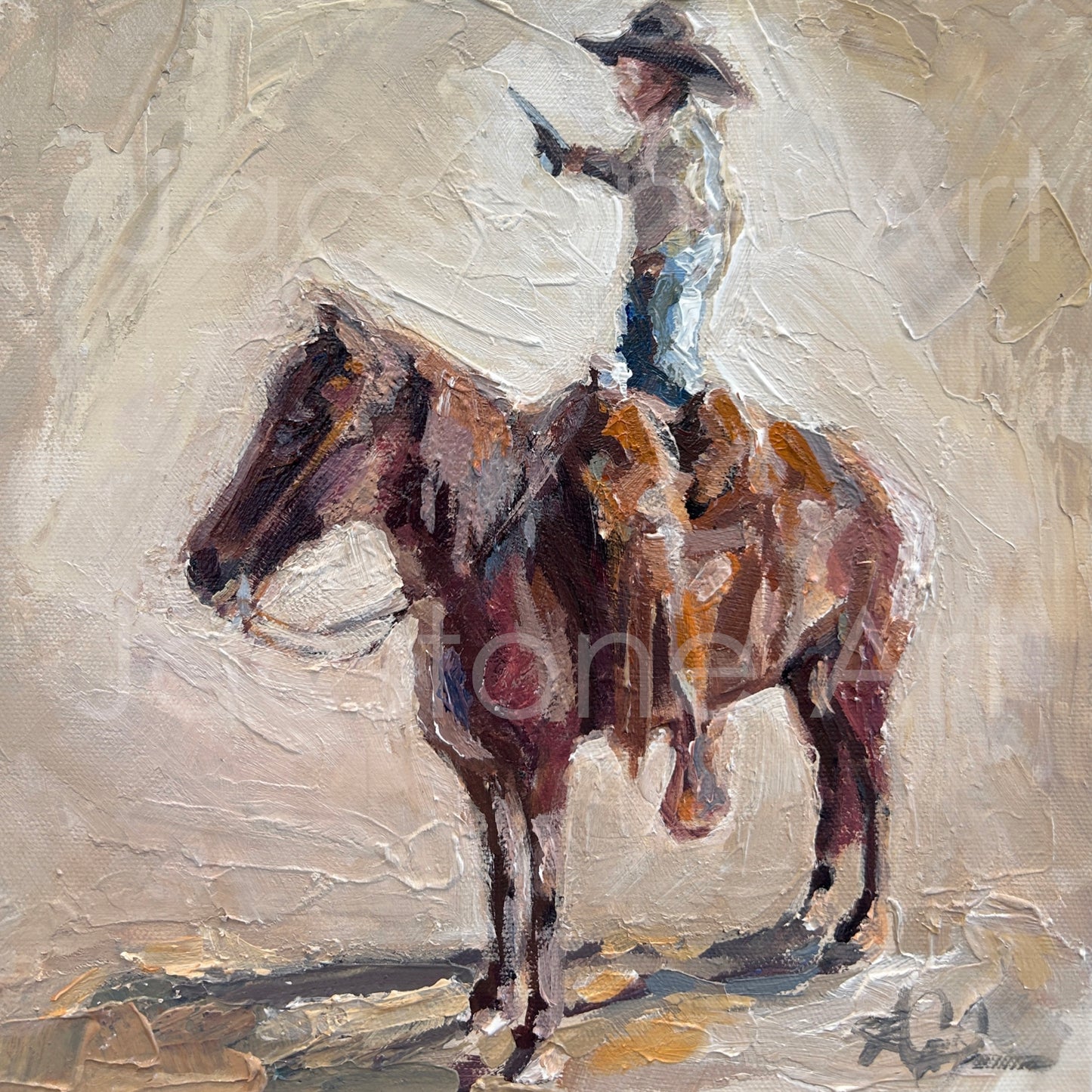 "Lil Britches" Lil Cowboy Standing on his horse Art Print