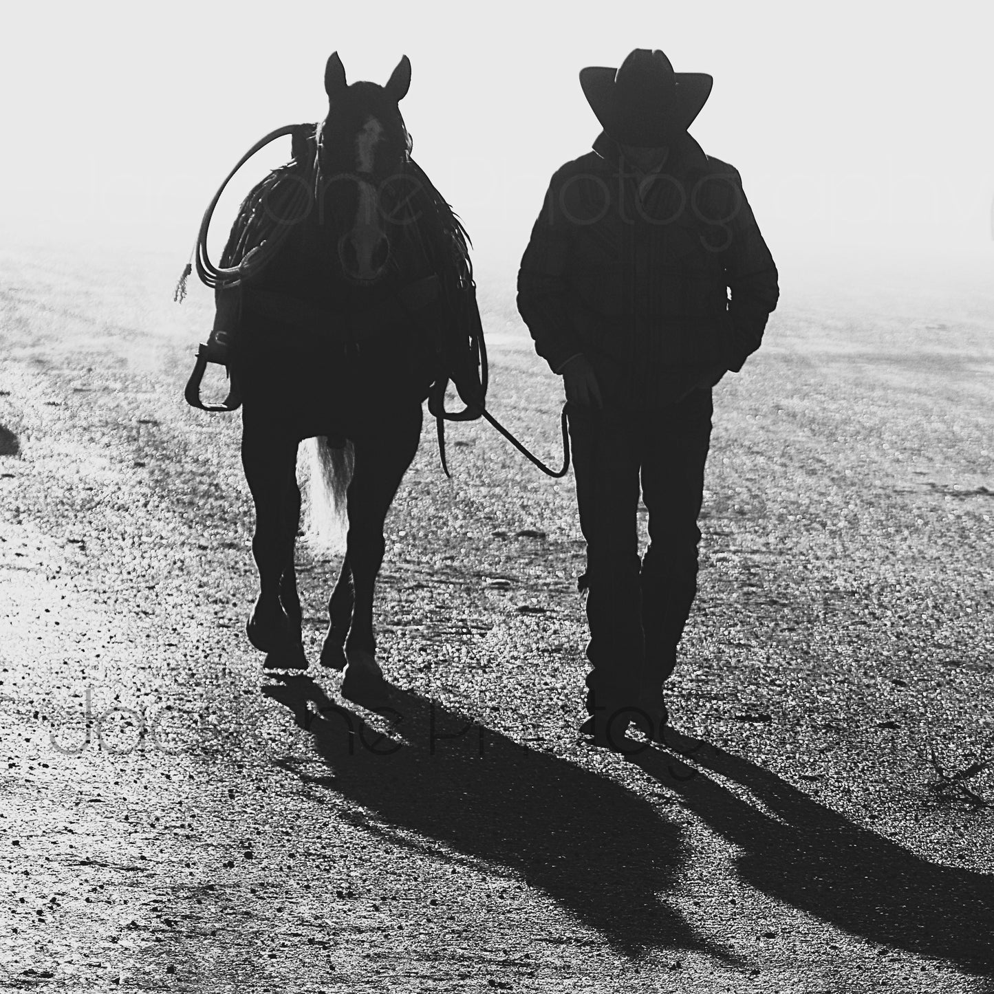 “Lead Time” Cowboy and Horse Fog Western Black and White Photography